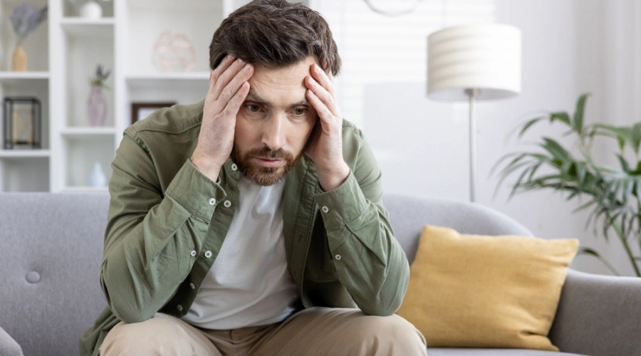 Man holding hands on head displaying the risks of Benzodiazepines for People with Depressive Symptoms