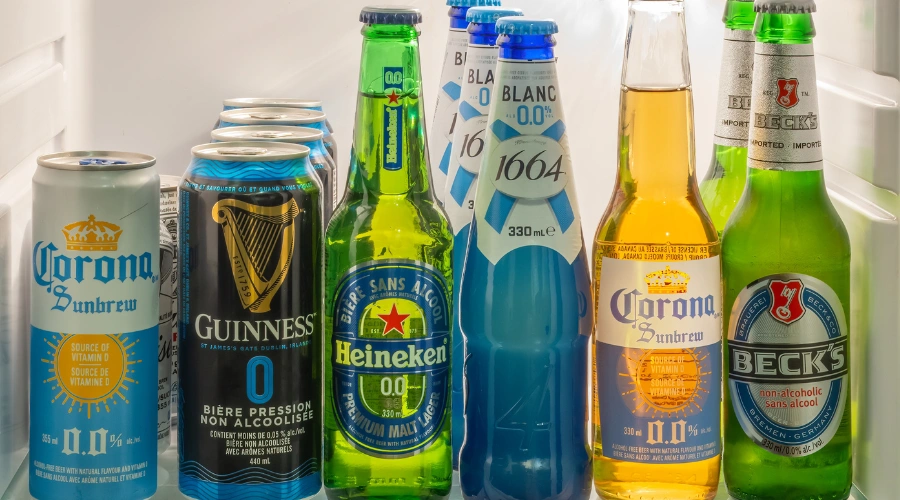 Bottles of alcohol-free beer showing that even non-alcoholic beverages can contain trace amounts of alcohol