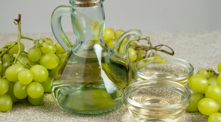 White wine vinegar in a glass bowl, representing hidden alcohol in condiments