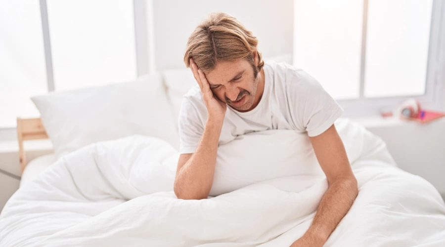 Image of a man sitting in bed in despair and experiencing kratom withdrawal discomfort