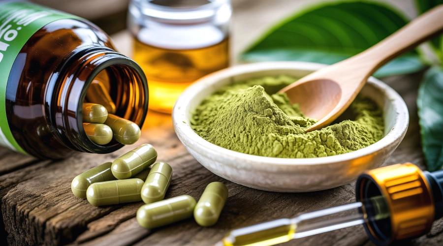 Image of a concentrated kratom extract bottle and capsules